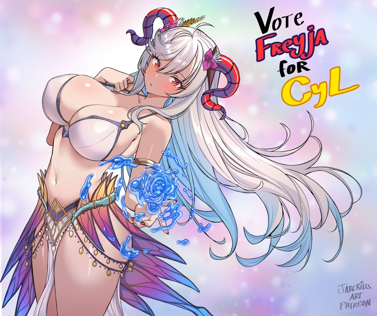 1girl 1girl 1girl alluring big_breasts blush fire_emblem fire_emblem_heroes freyja_(fire_emblem) freyja_(fire_emblem)_(summer) fringe goat_girl hand_on_breast high-angle_view high_res horns intelligent_systems jarckius light_skin long_hair mature_female navel nintendo open_mouth painted_nails red_eyes red_nails side_view skirt standing summer thighs white_hair younger_female
