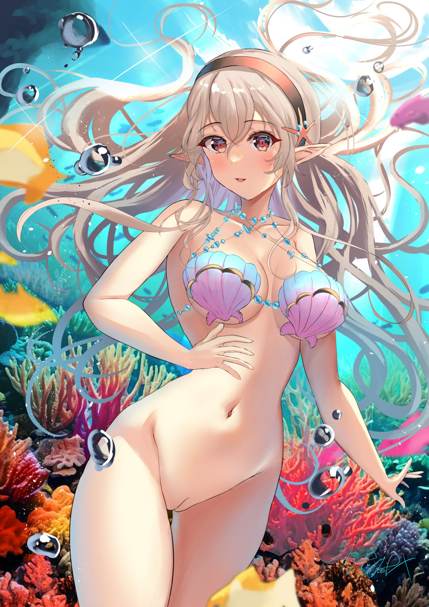 1girl absurd_res alluring arerex big_breasts black_hairband blush bubble coral corrin_(fire_emblem) corrin_(fire_emblem)_(female) corrin_(summer)_(fire_emblem)_(female) fire_emblem fire_emblem_cipher fire_emblem_fates fire_emblem_warriors grey_hair hair_between_eyes hairband high_res intelligent_systems long_hair looking_at_viewer naked_from_the_waist_down navel nintendo official_alternate_costume open_mouth panties pointy_ears pussy shell shell_bikini smile underwater