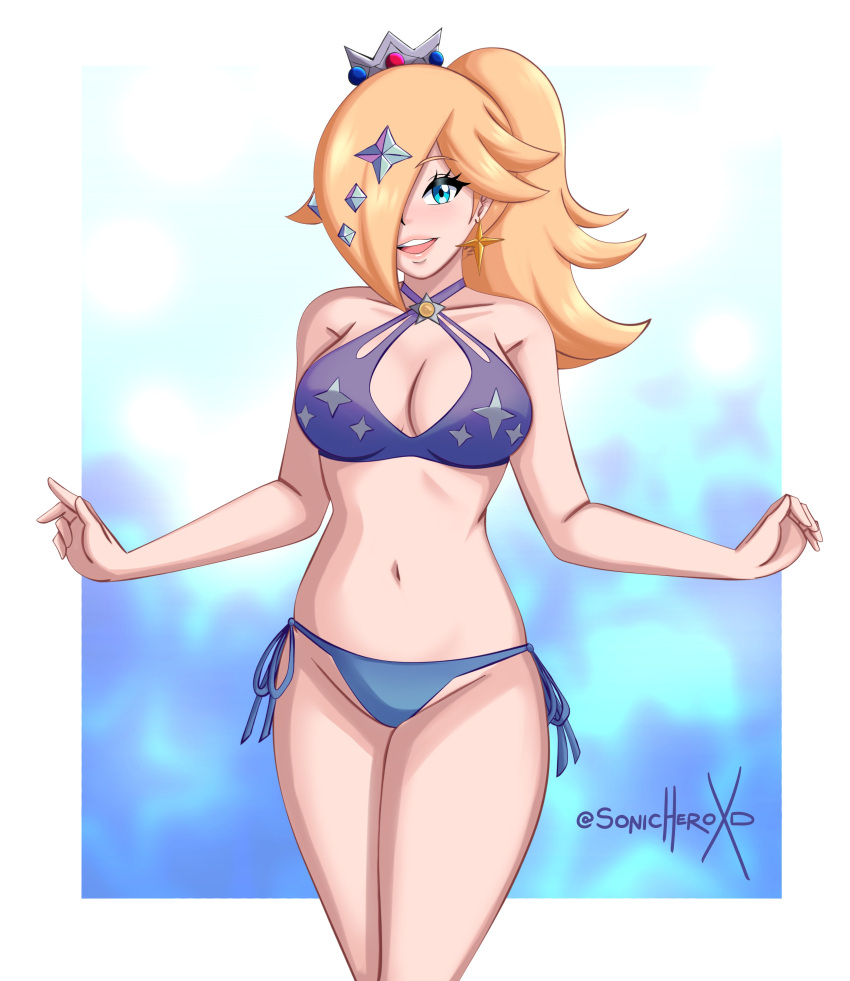 1girl absurd_res alluring big_breasts bikini blonde_hair blue_background blue_bikini border cowboy_shot earrings hair_over_one_eye high_ponytail high_res jewelry mario_(series) medium_breasts nintendo ponytail princess_rosalina rosalina side-tie_bikini_bottom simple_background sonicheroxd swimsuit twitter_username white_background white_border