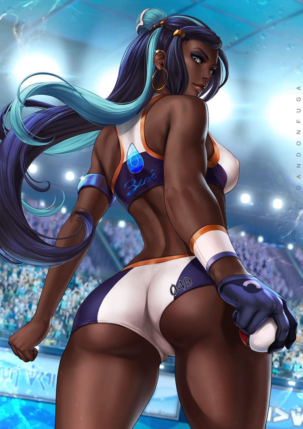 1girl alluring alternate_breast_size ass athletic_female audience back back_view being_watched big_ass big_breasts blue_eyes blue_hair bubble_ass bubble_butt cameltoe cleavage clothed clothing dandon_fuga dark-skinned_female dark_skin deviantart earrings eye_contact eyelashes eyeshadow female_only fit_female gloves golden_earrings human human_only long_hair looking_at_viewer looking_back looking_down makeup medium_breasts nessa_(pokemon) nintendo pokemon pokemon_ss solo_female solo_focus standing swimming_pool text thick_thighs thigh_gap very_dark_skin watermark wide_hips
