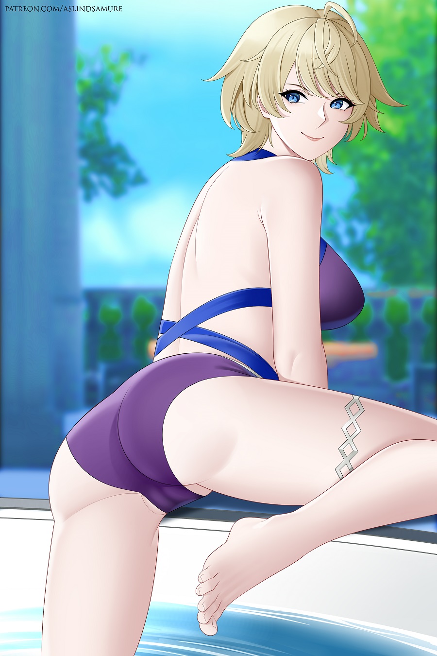 1girl alluring alternate_costume aslind_samure aslindsamure ass ass_focus bare_shoulders big_breasts blonde_hair blue_eyes blush fire_emblem fire_emblem_engage from_behind high_res intelligent_systems kneel looking_at_viewer looking_back merrin_(fire_emblem) nintendo one-piece_bikini short_hair sideboob smile swimming_pool swimsuit thick_thighs