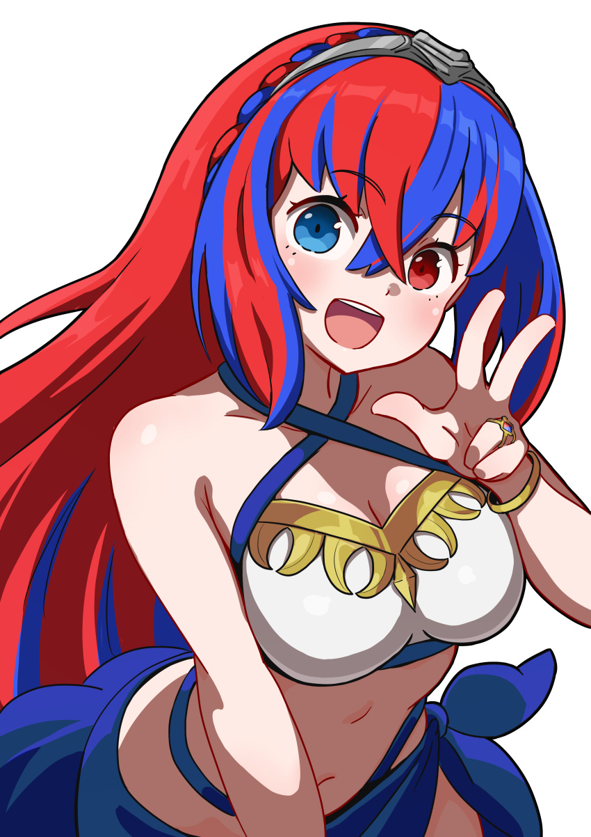 1girl :d absurd_res alear_(female)_(fire_emblem) alear_(female)_(seaside_dragon)_(fire_emblem) alear_(fire_emblem) alluring alternate_costume blue_eyes blue_hair cianter fire_emblem fire_emblem_engage heterochromia high_res intelligent_systems looking_at_viewer medium_breasts multicolored_hair navel nintendo open_mouth red_eyes red_hair smile split-color_hair stomach two-tone_hair