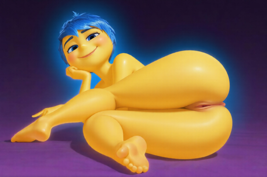 1girl 2026 ai_generated anus ass blue_eyes blue_hair breasts charles2001 disney eyebrows eyelashes female_only hips inside_out joy_(inside_out) navel open-mouth_smile open_eyes open_mouth pink_nipples pixar pussy sexy_breasts yellow_skin