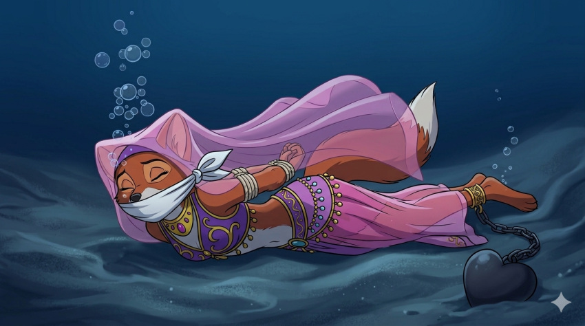 1girl accurate_art_style ai ai_generated belly_dancer cloth_gag disney drowning fallnightwolf female fox gagged gemini maid_marian peril robin_hood_(disney) solo underwater underwater_peril