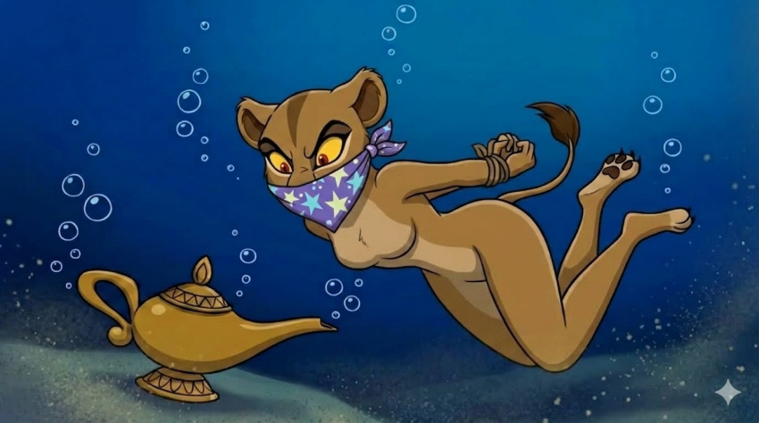 1girl ai ai_generated aladdin_(series) bondage cloth_gag crossover disney drowning fallnightwolf female gagged gemini lamp lioness nude peril solo the_lion_king the_lion_king_ii:_simba's_pride underwater underwater_peril zira