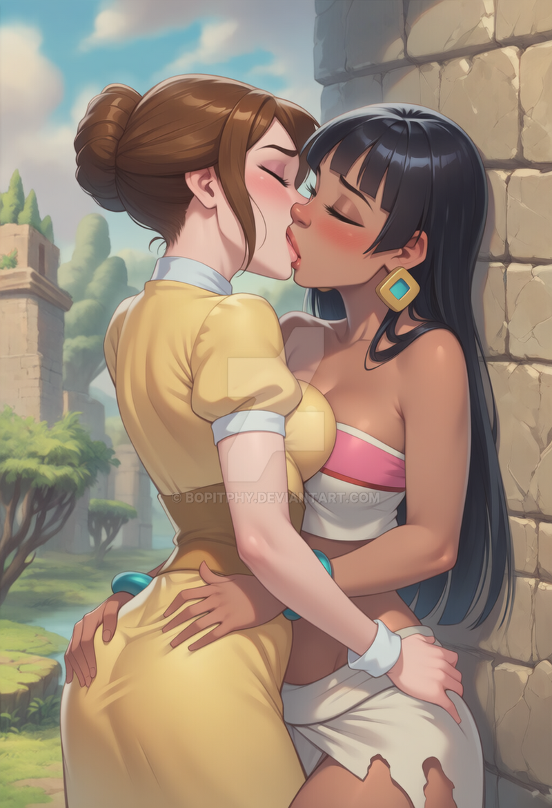 2_girls against_wall ass asymmetrical_docking bangs bare_arms bare_legs bare_shoulders big_breasts black_hair blunt_bangs blush bopitphy bopitphy_(artist) bracelet breast_press breasts brown_eyeshadow brown_hair chel cleavage closed_eyes cloud collarbone couple crossover dark-skinned_female dark_skin day disney dreamworks duo earrings eyeshadow female/female female_only hair_bun hime_cut hugging interracial interracial_yuri jane_porter jewelry legs lips lipstick long_dress love makeup medium_breasts midriff multiple_girls mutual_yuri neck outside pelvic_curtain pink_lipstick puffy_short_sleeves puffy_sleeves purple_eyeshadow red_lipstick revealing_clothes romantic romantic_couple ruins shadow short_hair short_sleeves sidelocks sky standing straight_hair strapless tarzan tarzan_(1999_film) the_road_to_el_dorado tied_hair tree tubetop yellow_dress yuri