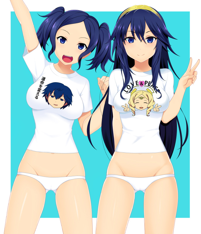 1girl 2_girls alluring alternative_costume arms_up blonde_hair blue_background blue_eyes blue_hair border breasts cameltoe casual chrom_(fire_emblem) clenched_hand closed_eyes contemporary cute cynthia_(fire_emblem) dark_blue_hair double_v drill_hair emmeryn_(fire_emblem) english english_text female_only fire_emblem fire_emblem_awakening fire_emblem_warriors gesture gloves gluteal_fold groin hair_between_eyes hairband happy impossible_clothes impossible_shirt intelligent_systems kyoku_tou light_skin long_hair lowleg lowleg_panties lucina lucina_(fire_emblem) medium_breasts mound_of_venus multiple_females multiple_girls navel no_pants open_mouth outstretched_arm panties pussy shirt short_sleeves siblings silf silfs sisters skindentation smile streaked_hair subtle_pussy t-shirt text text_on_clothes thigh_gap tied_hair twin_tails underwear v white_gloves white_panties white_shirt white_underwear younger_female