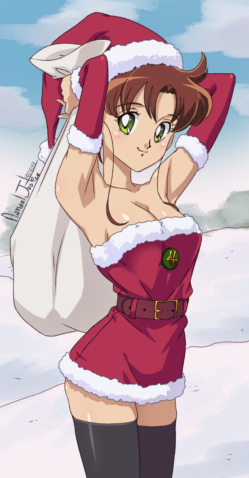 1girl adult_swim alluring bag belt bishoujo_senshi_sailor_moon bishoujo_senshi_sailor_moon_r bishoujo_senshi_sailor_moon_r_the_movie bishoujo_senshi_sailor_moon_s bishoujo_senshi_sailor_moon_s_the_movie bishoujo_senshi_sailor_moon_supers bishoujo_senshi_sailor_moon_supers_the_movie brown_hair christmas cleavage dress green_eyes hat high_res jupiter_symbol long_hair makoto_kino medium_breasts nanaeljustice santa_hat short_dress signature sleeveless snow stockings toei_animation toonami viz_media