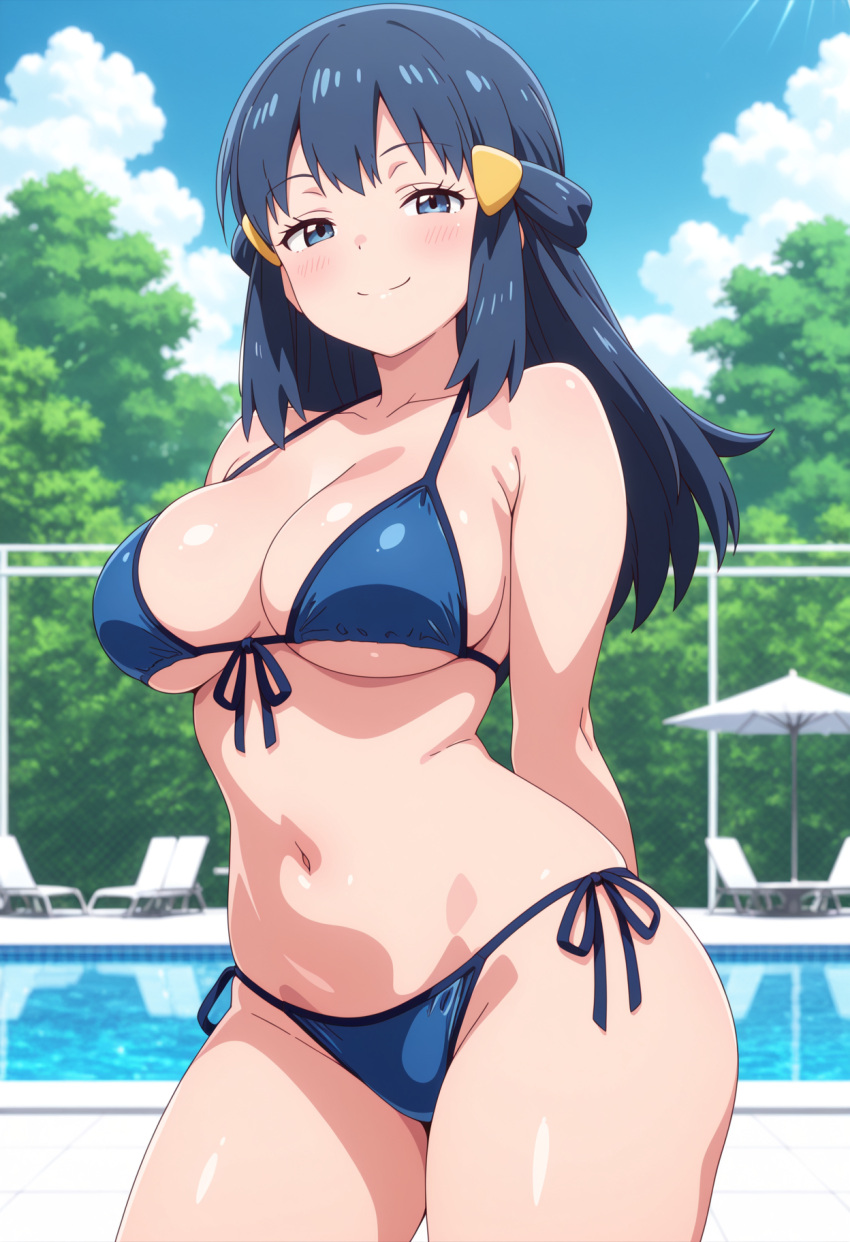 1girl ai_generated arms_behind_back big_breasts bikini blue_bikini blue_eyes blue_hair blush breasts cleavage dawn_(pokemon) female_only hair_accessory hair_ornament long_hair nintendo outdoor_pool outside pokemon pool poolside smile solo_female vegaforge