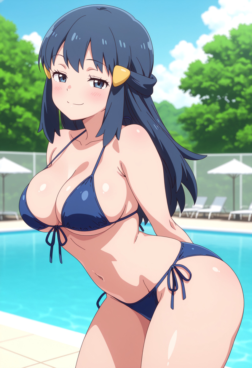 1girl ai_generated arms_behind_back big_breasts bikini blue_bikini blue_eyes blue_hair blush breasts cleavage dawn_(pokemon) female_only hair_accessory hair_ornament leaning_forward long_hair nintendo outdoor_pool outside pokemon pool poolside smile solo_female vegaforge