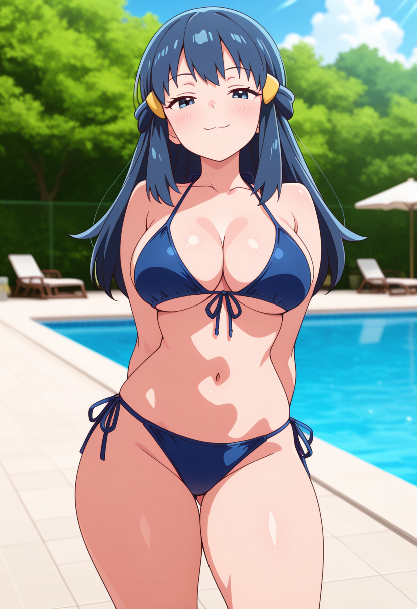 1girl ai_generated arms_behind_back big_breasts bikini blue_bikini blue_eyes blue_hair blush breasts cleavage dawn_(pokemon) female_only hair_accessory hair_ornament long_hair nintendo outdoor_pool outside pokemon pool poolside smile solo_female vegaforge