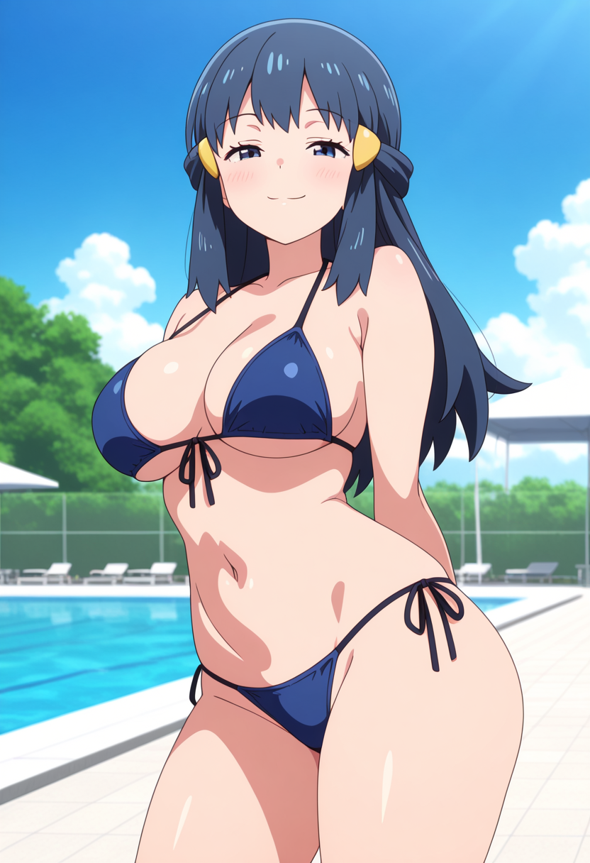 1girl ai_generated arms_behind_back big_breasts bikini blue_bikini blue_eyes blue_hair blush breasts cleavage dawn_(pokemon) female_only hair_accessory hair_ornament long_hair nintendo outdoor_pool outside pokemon pool poolside smile solo_female vegaforge