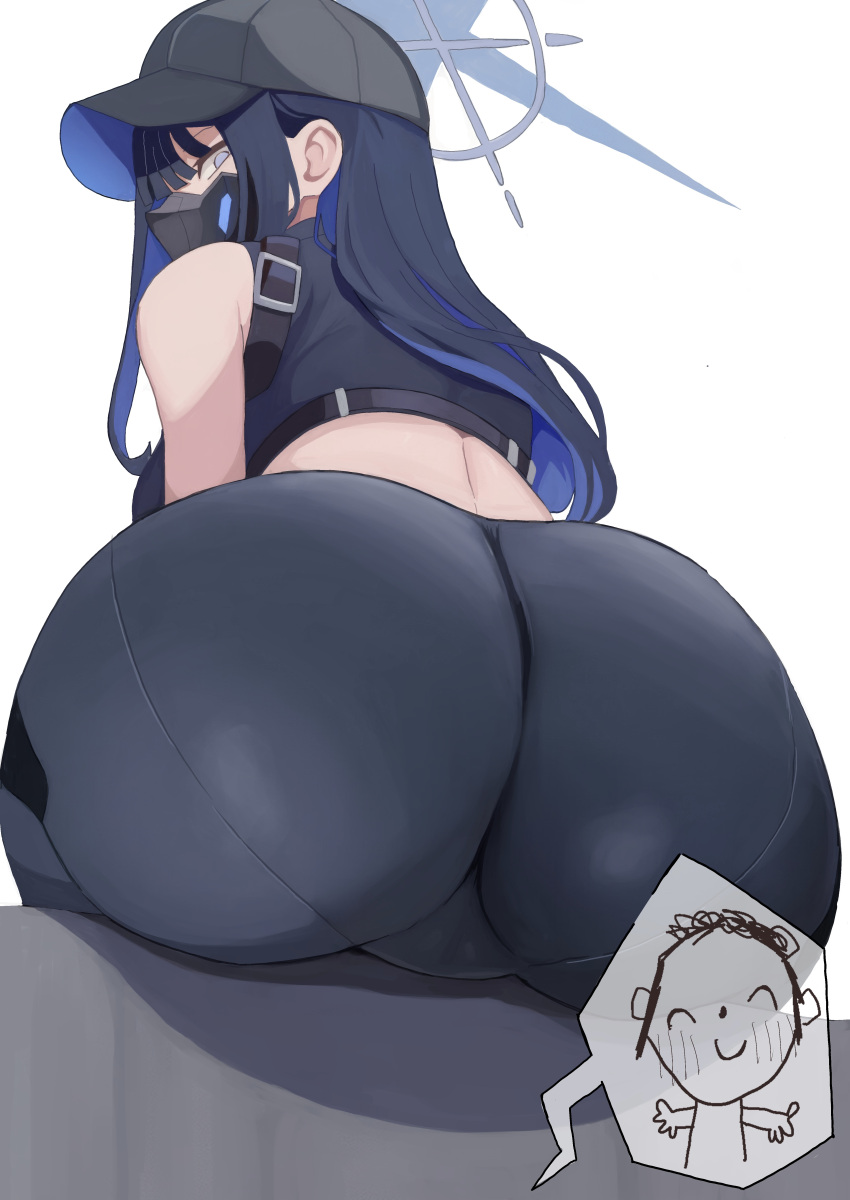 1girl ass bare_shoulders baseball_cap black_hair blue_archive breasts doodle_sensei_(blue_archive) from_behind grey_eyes huge_ass kim_somang long_hair looking_at_viewer looking_back saori_(blue_archive) sensei_(blue_archive) simple_background sitting tight_pants very_long_hair white_background wide_hips