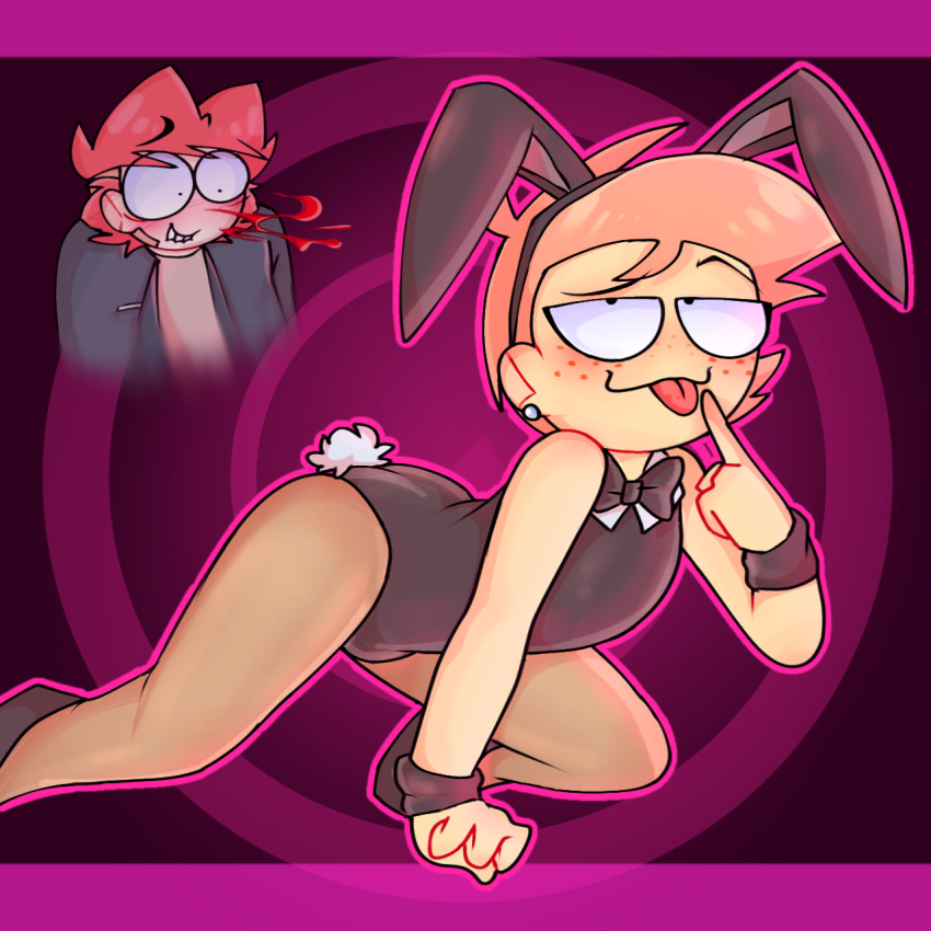 2boys ass blaehine blush bunny_tail bunnysuit femboy flirting_look flirting_with_viewer freckles gay_male gayle_holbrook haruki_teshigawara heart kneel nosebleed on_all_fours original original_character sexy_pose skinny strawberry_blonde_hair tongue_out twink yaoi