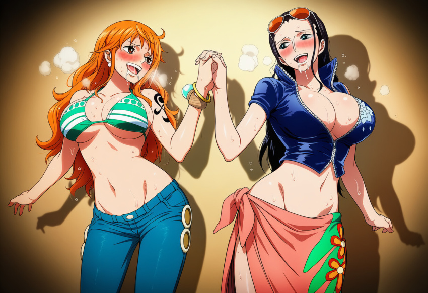 2_girls arm_at_side arm_tattoo bare_arms bare_shoulders big_breasts bikini black_hair blue_eyes blue_pants blue_shirt blush bracelet breasts brown_eyes cleavage collarbone contrapposto couple duo earrings emiaitelier emiaitelier_(artist) eye_contact female/female female_only friends gradient gradient_background green_bikini green_swimsuit half-closed_eyes hand_up happy head_tilt holding_hands interlocked_fingers jewelry long_hair looking_at_another love midriff mound_of_venus multiple_girls mutual_yuri nami nami_(one_piece) navel neck nico_robin one_piece open_clothes open_mouth open_shirt orange_hair pants pearl pearl_earrings pink_sarong pirate pirate_girl romantic romantic_couple round_teeth saliva sarong shadow shirt short_sleeves side-by-side smile standing straight_hair sunglasses sunglasses_on_head sweat sweating swimsuit tattoo teeth under_boob upper_teeth upper_teeth_only yellow_background yuri