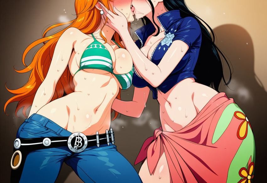 2_girls arm_behind_back bare_arms bare_shoulders big_breasts bikini black_hair blue_pants blue_shirt blush breasts brown_background cleavage collarbone contrapposto couple duo earrings emiaitelier emiaitelier_(artist) female/female female_only french_kiss friends gradient gradient_background green_bikini green_swimsuit hand_up head_out_of_frame jewelry kissing long_hair love midriff mound_of_venus multiple_girls mutual_yuri nami nami_(one_piece) navel neck nico_robin one_piece open_clothes open_shirt orange_hair pants pearl pearl_earrings pink_sarong pirate pirate_girl romantic romantic_couple saliva sarong shadow shirt short_sleeves standing straight_hair sweat sweating swimsuit tongue yuri