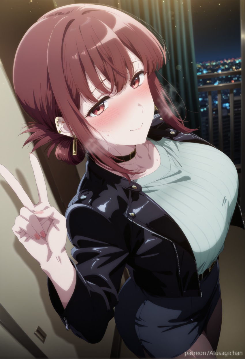 ai_generated alusagichan bare_thighs big_breasts big_breasts blush grin hair_bun huge_breasts huge_thighs light-skinned_female light_skin looking_at_viewer peace_sign red_eyes red_hair solo_female super_no_ura_de_yani_suu_futari tayama_(super_no_ura_de_yani_suu_futari) thick_body thick_female thick_thighs thighs voluptuous voluptuous_female
