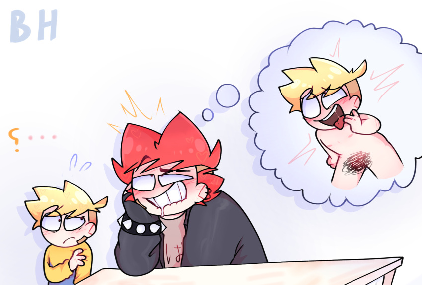 2boys age_difference ahegao ahegao_face biting_lip blaehine blonde_hair blush booker_teshigawara censored censored_penis haruki_teshigawara imagination masturbation naked_male nude original original_character red_hair saliva_drip table tongue_out uncomfortable