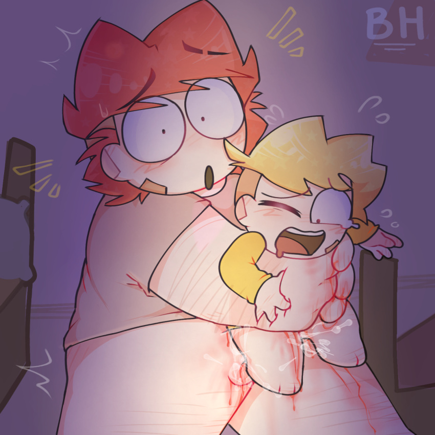 2boys age_difference blaehine bleeding blonde_hair blood_on_body booker_teshigawara caught_having_sex caught_in_the_act crying_with_eyes_open cum cumming dark_room fair_skin fat_man fluids haruki_teshigawara hugging_from_behind intercourse lifting_person no_consent no_pants original original_character r**e raped red_hair saliva_drip sex_from_behind sexual_assault sexual_harassment step-incest step_brother surprised