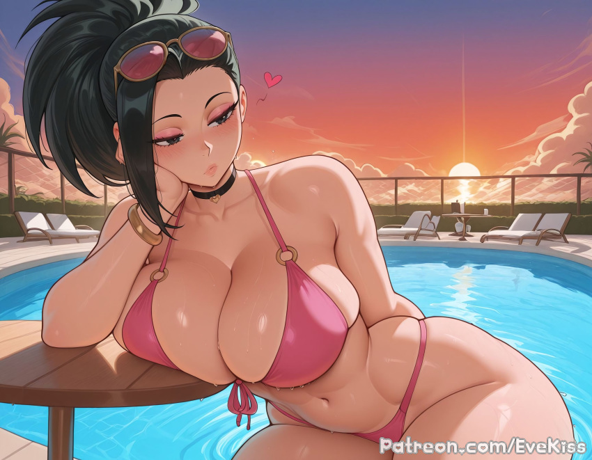 1girl ai_generated big_breasts bikini boku_no_hero_academia breasts cameltoe cleavage clothed clothed_female curvy curvy_figure evekiss female_focus female_only focus fully_clothed momo_yaoyorozu my_hero_academia nipples nipples_covered nipples_visible_through_clothing pool pussy sfw solo_female solo_focus sunlight sunset teeth thick_thighs thighs tight_clothes tight_clothing uncensored wide_hips yaoyorozu_momo