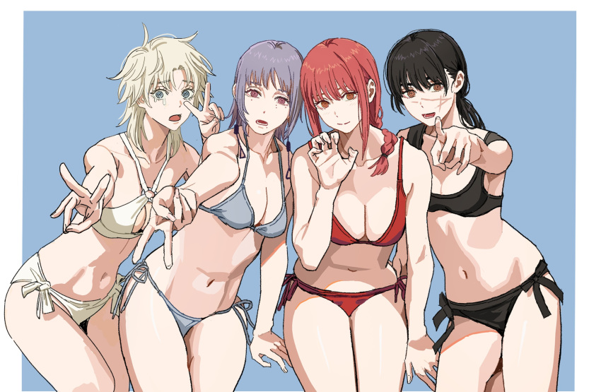 4girls alternate_costume bikini black_bikini braid breasts chainsaw_man claw_pose cleavage collarbone commentary death_devil_(chainsaw_man) english_commentary fami_(chainsaw_man) grey_bikini gyaru_v high_res looking_at_viewer makima_(chainsaw_man) medium_breasts mole mole_under_eye multiple_girls multiple_moles navel pointing pointing_at_viewer red_bikini ringed_eyes scar scar_on_face shiren_(ourboy83) siblings side-tie_bikini_bottom simple_background sisters small_breasts stomach swimsuit time_paradox two-tone_background v white_bikini yoru_(chainsaw_man)