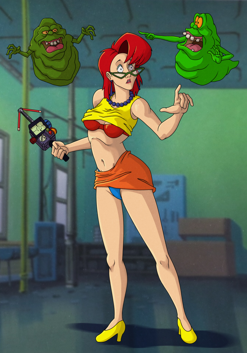 beaded_necklace bra breasts dual_persona eyeshadow ghost ghostbusters glasses janine_melnitz miniskirt miniskirt_lift necklace panties pke_meter pulled_up_skirt red_hair sgekart slimer tank_top tank_top_lift the_real_ghostbusters
