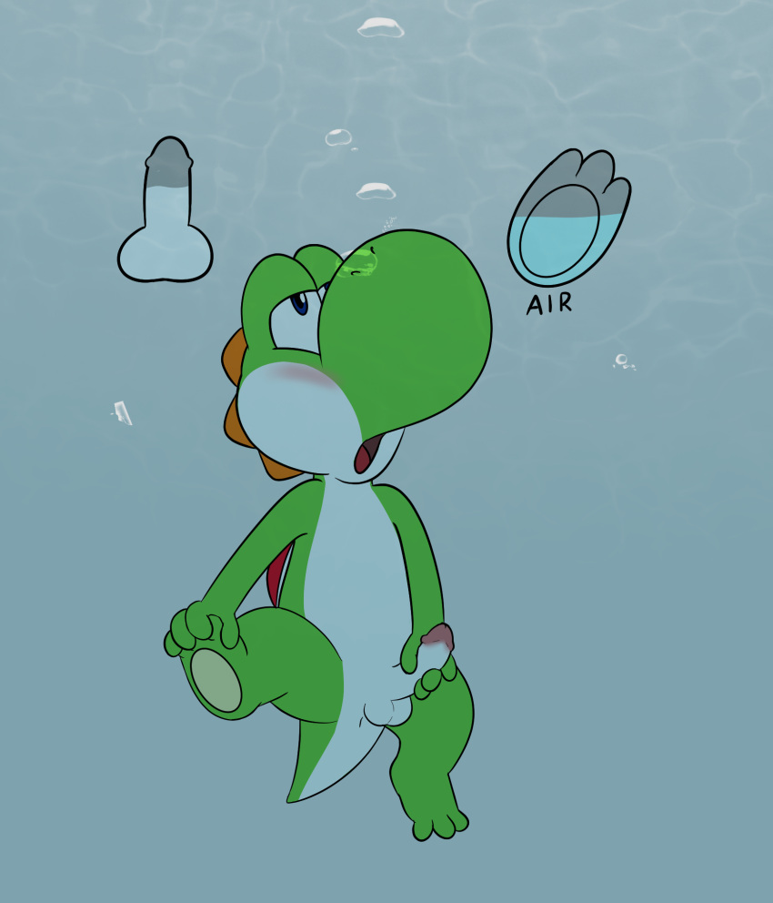 1boy anus asphyxiation balls bubble drowning feet genitals half-closed_eyes high_res humanoid_genitalia male male_only mario_(series) masturbation narrowed_eyes nintendo nude pawpads penis scalie simple_background solo solo_male tribaldragon underwater water yoshi