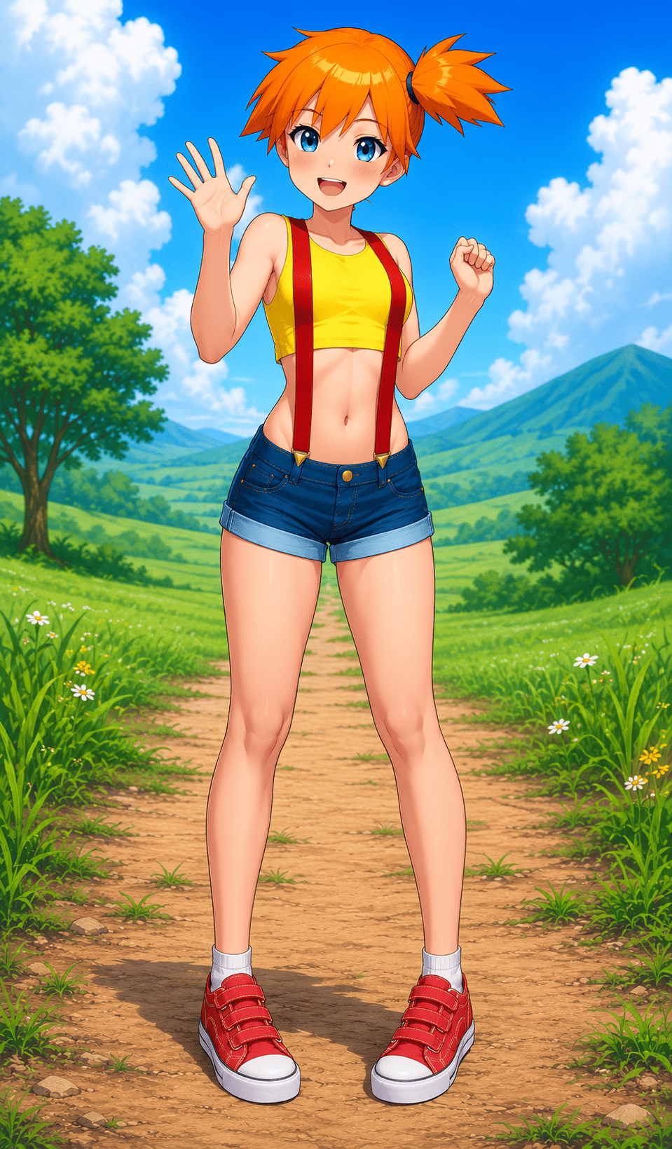 1girl 1girl ai-generated ai_assisted ai_generated battlebeast321 blue_eyes denim denim_shorts dorkumo field gan_teip gym_leader high_res kasumi_(pokemon) madjerk misty_(pokemon) nature nature_background navel nintendo orange_hair pokemon pokemon_(game) shirt shoes shorts side_ponytail sneakers suspenders velcro velcro_footwear velcro_shoes velcro_sneakers yellow_shirt younger_female
