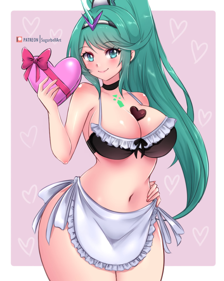 1girl alluring apron between_breasts big_breasts bikini black_bow black_bra blush bow bow_bra box box_of_chocolates bra candy chocolate chocolate_heart choker cleavage collarbone core_crystal_(xenoblade) food_between_breasts frilled_bra frills green_eyes green_hair hand_on_own_hip headpiece heart heart_background high_ponytail holding horns long_hair looking_at_viewer maid maid_apron maid_bikini navel nintendo pink_background pneuma_(xenoblade) ponytail sidelocks single_horn smile standing sugarbell thick_thighs thighs unconventional_maid underwear valentine valentine_chocolate white_apron wide_hips xenoblade_(series) xenoblade_chronicles_2