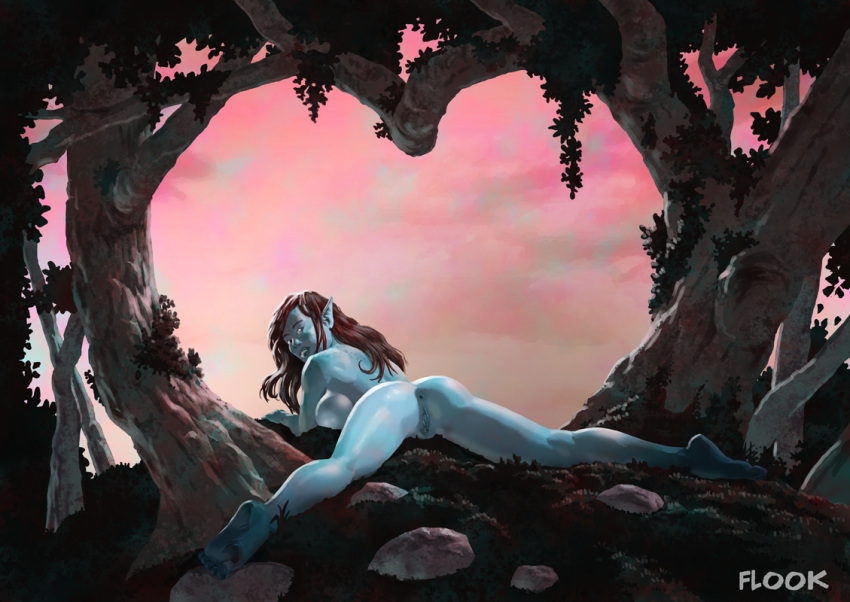 1girl anus ass back bangs bare_back barefoot big_ass blue_skin breast_press completely_nude completely_nude_female expressionless feet female_only female_solo flook flook_(artist) forest from_behind full_body goblin goblin_female heart legs lips lipstick long_hair looking_at_viewer looking_back lying lying_on_stomach makeup monster_girl nature nude nude_female on_stomach original original_character outdoor_nudity outside parted_lips pink_sky pointy_ears pussy rock sideboob sky spread_legs straight_hair swept_bangs thighs tree