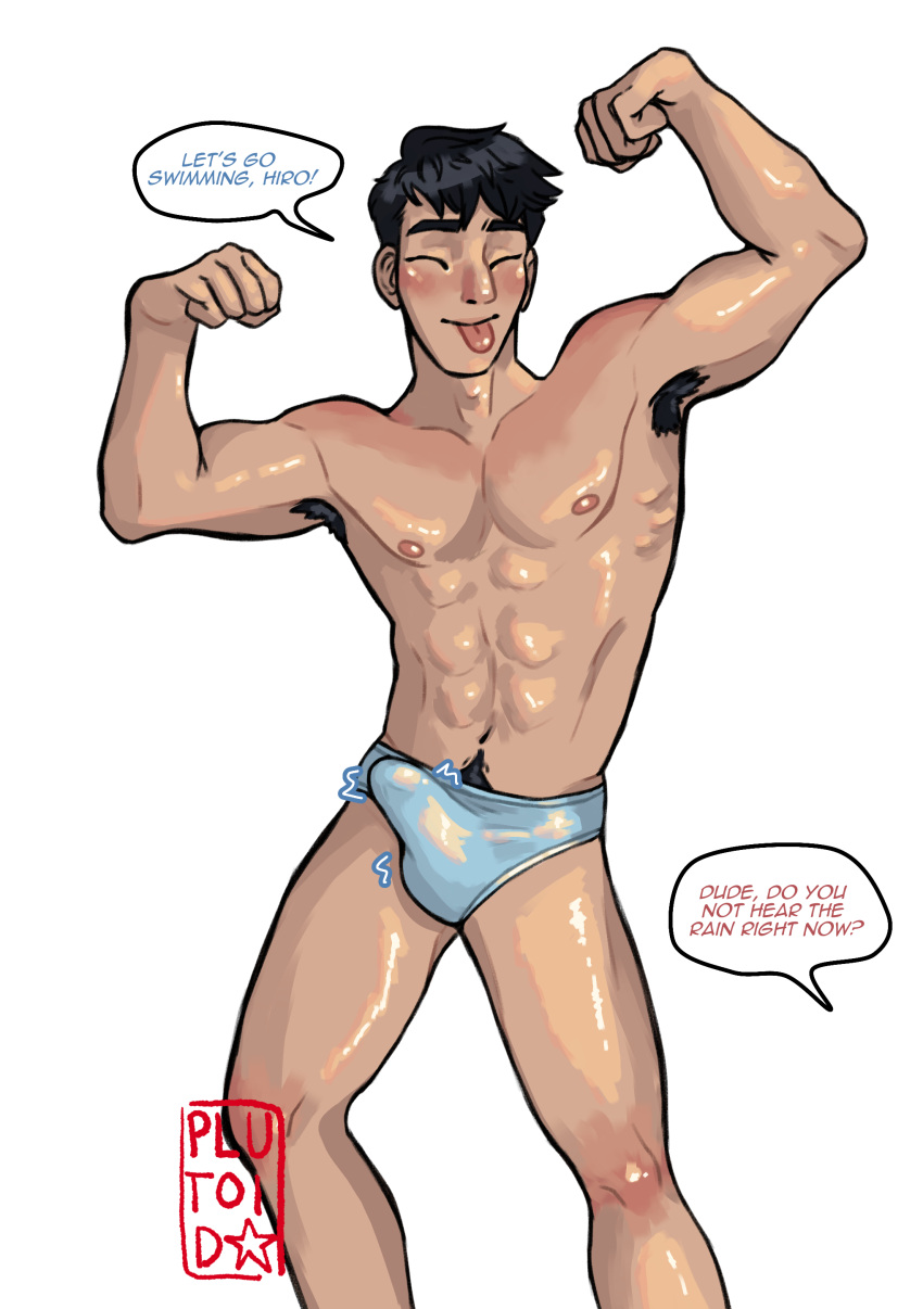 2025 abs alternate_version_at_source alternate_version_available armpit_hair big_hero_6 bulge closed_eyes disney english_text happy hiro_hamada male_only male_pov out_of_frame out_of_frame_male plain_background plutoid posing pubic_hair_peek speech_bubble speedo tadashi_hamada tongue_out