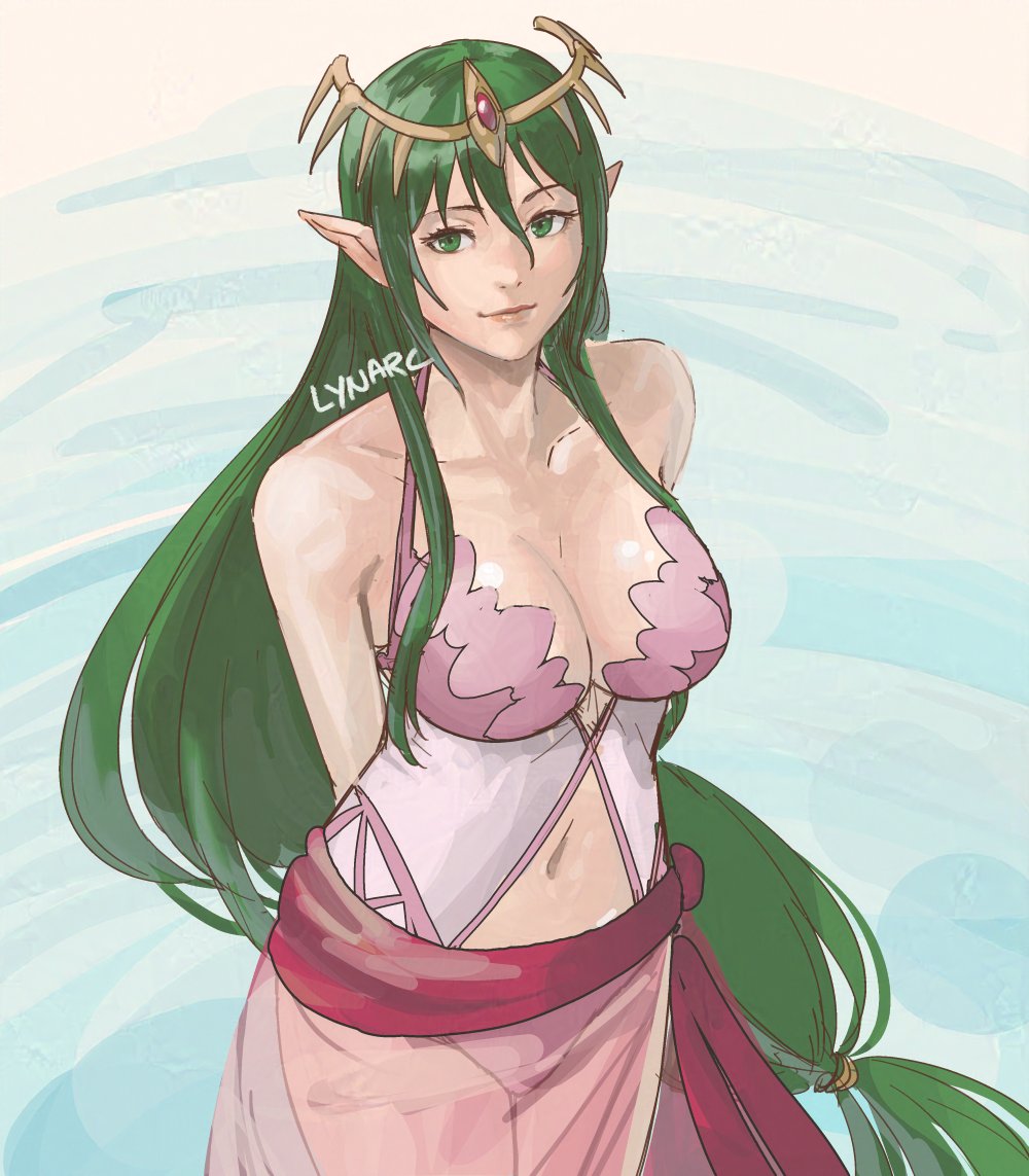 1girl alluring alternate_costume arms_behind_back artist_name bare_shoulders big_breasts blue_background cleavage clothing_cutout collarbone commentary english_commentary fire_emblem fire_emblem:_mystery_of_the_emblem green_eyes green_hair headpiece intelligent_systems long_hair low-tied_long_hair lynarc nagi_(fire_emblem) navel navel_cutout nintendo one-piece_swimsuit pink_one-piece_swimsuit pink_sarong pointy_ears sarong see-through_clothes see-through_sarong swimsuit very_long_hair