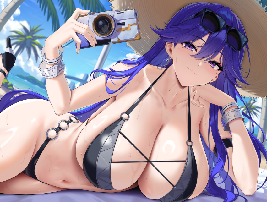 1girl beach big_breasts bikini bubble_butt cleavage glasses horny inviting_to_sex kook laying laying_down looking_at_viewer lucilla_(wuthering_waves) pose purple_eyes purple_hair swimsuit teasing thick_thighs wuthering_waves