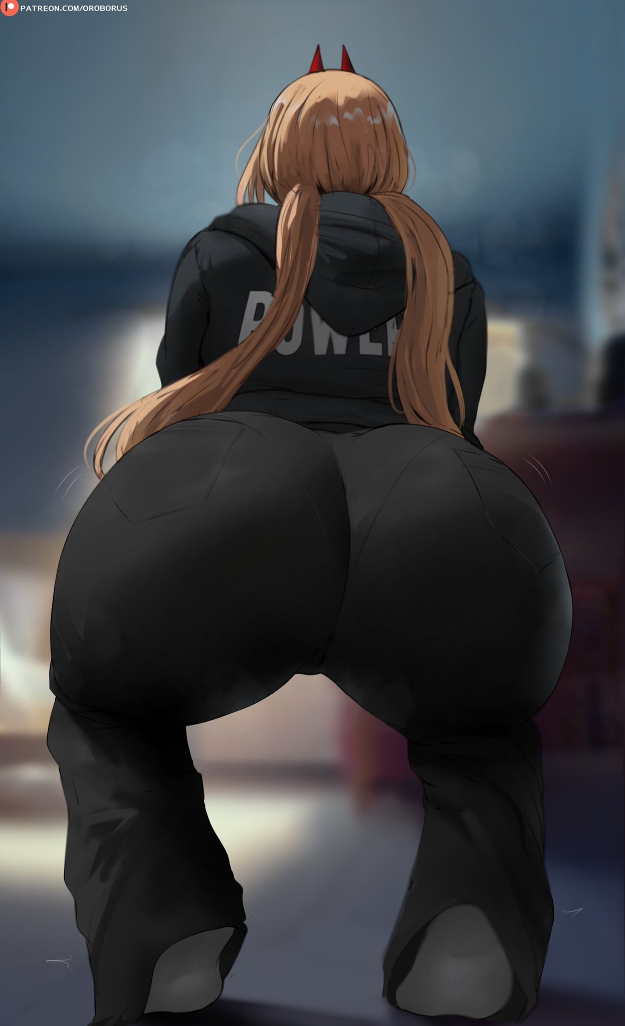 1girl bent_over big_breasts bubble_butt chainsaw_man cleavage doggy_position horny inviting_to_sex orange_eyes orange_hair oroborus pose power power_(chainsaw_man) standing teasing thick_thighs