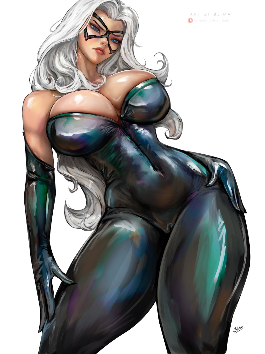 1girl big_breasts black_cat black_cat_(marvel) black_cat_(marvel_rivals) blimaxxx blue_eyes bubble_butt cleavage felicia_hardy horny inviting_to_sex looking_at_viewer marvel marvel_comics marvel_rivals pose spider-man_(series) standing teasing thick_thighs white_hair