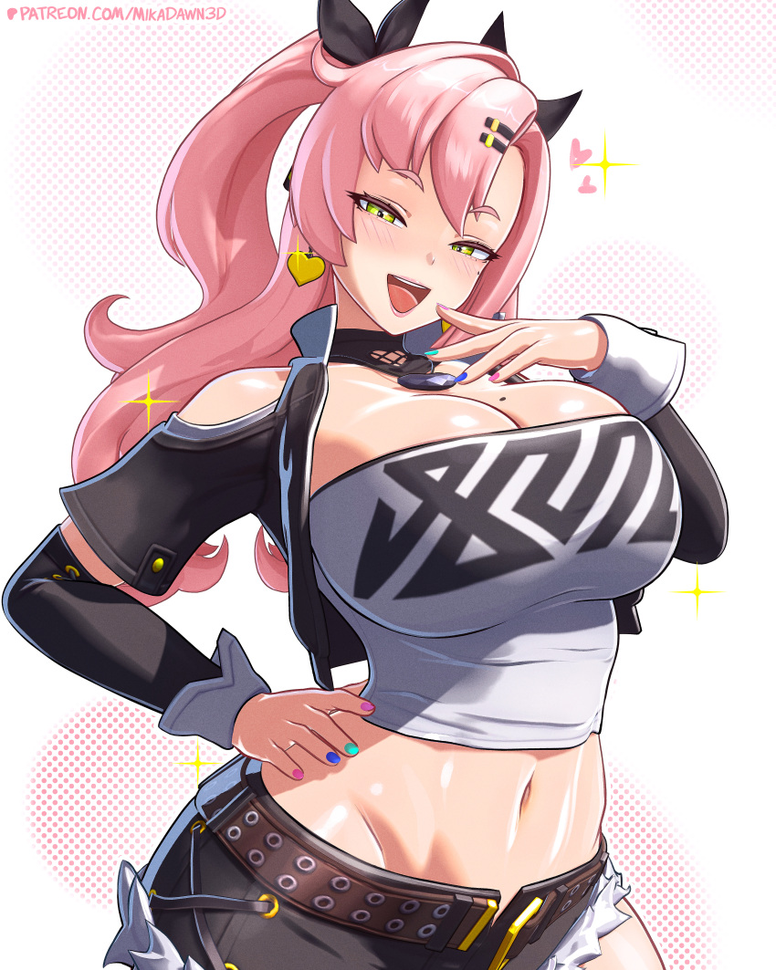 1girl big_breasts bubble_butt cleavage green_eyes horny inviting_to_sex looking_at_viewer mikadawn nicole_demara pink_hair pose standing teasing thick_thighs zenless_zone_zero