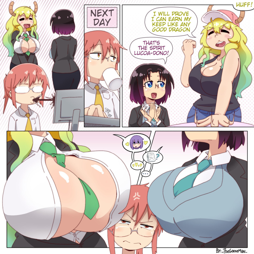 4koma _thegooseman_ anger_vein annoyed baseball_cap bimbo black_hair black_tank_top blonde_hair blue_eyes blush breasts clapping closed_eyes comic elma_(dragon_maid) english_text funny glasses gradient_hair head_between_breasts horns huge_breasts human humanoid kemonomimi kobayashi_(dragon_maid) miss_kobayashi's_dragon_maid multicolored_hair office_lady open_mouth popped_button quetzalcoatl_(dragon_maid) ryumimi simple_background smear spitting tank_top tie tie_between_breasts