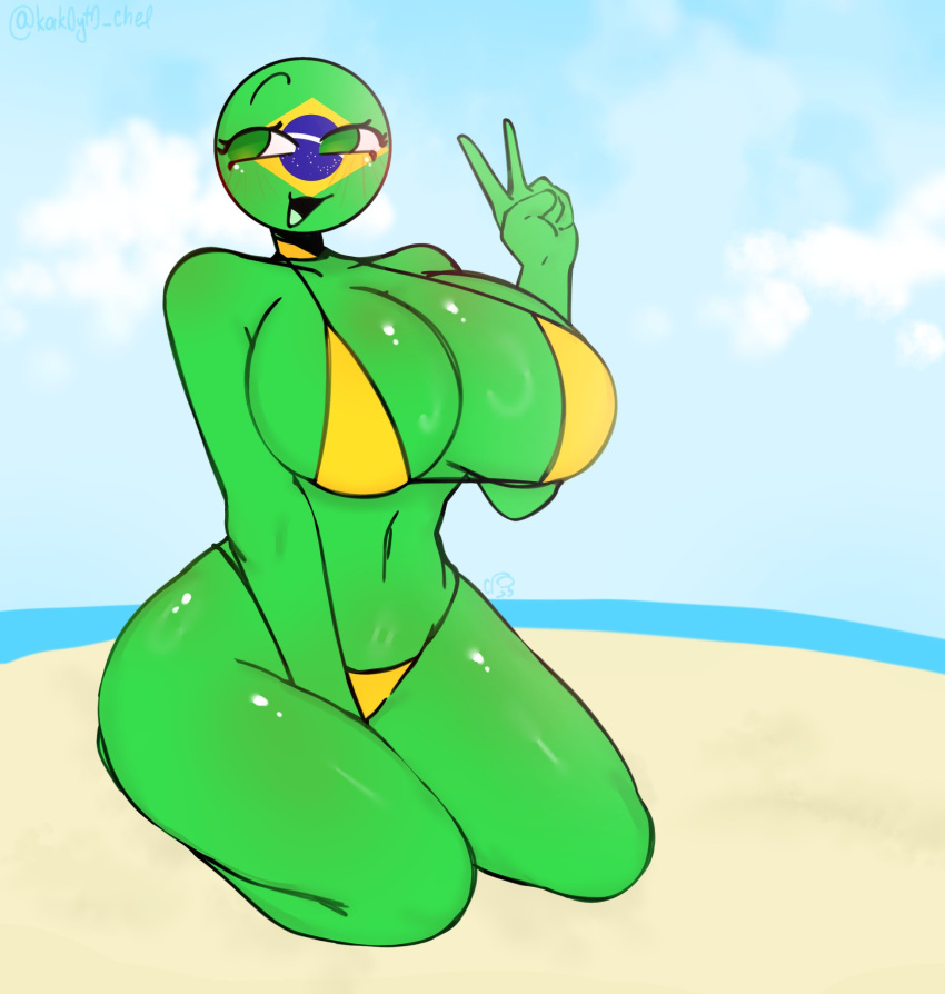 1girl among_us_reference ass beach big_ass big_ass big_breasts big_thighs brazil_(countryhumans) breasts countryhumans countryhumans_girl female_focus female_only green_eyes green_skin kak0yt0_chel yellow_bikini