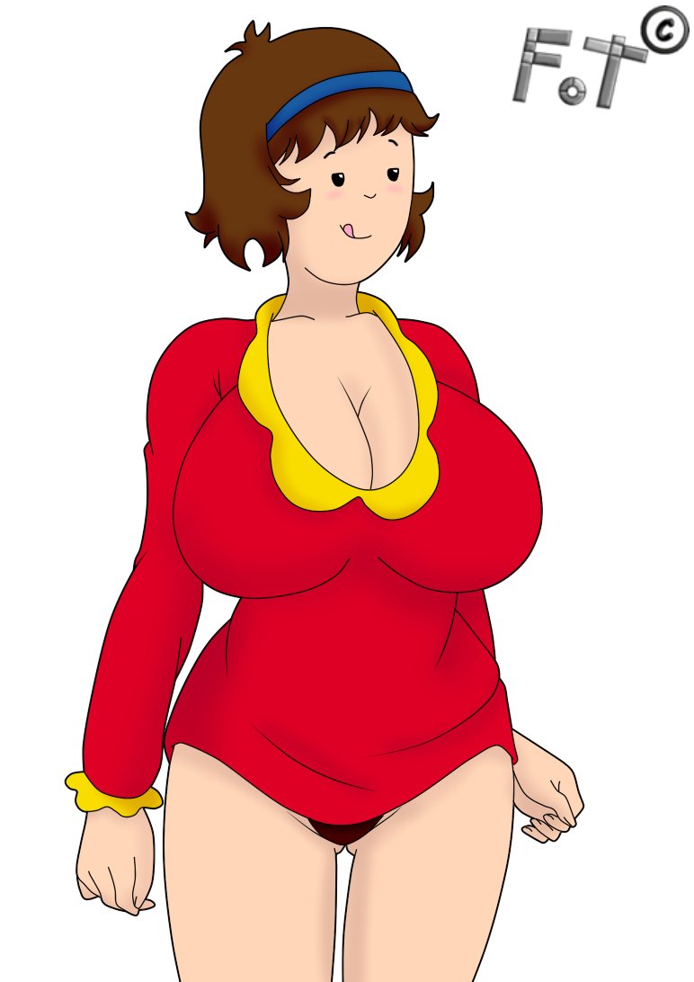 1girls 2d_(artwork) 2d_artwork artist_name artist_signature big_breasts blush breasts brown_hair caillou_(series) cleavage clothing digital_media_(artwork) doris_(caillou) female female_only fot_animaciones hairband huge_breasts human milf mommy no_pants panties red_clothing short_hair simple_background smile tongue tongue_out underwear white_background wide_hips