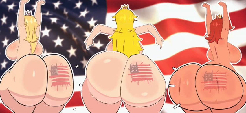 1girl 3_girls alternate_version_available american_flag american_flag_background american_flag_tattoo arms_up ass ass_focus ass_ripple ass_ripples asstronsfw big_ass blonde_hair clapping_buttocks fat_ass fat_ass_female gif light-skinned_female light_skin mario_(series) multiple_females multiple_girls nintendo orange_hair princess_daisy princess_peach rosalina super_mario_bros. tan_skin tan_skinned_female twerking twerking_at_viewer wobbling_ass