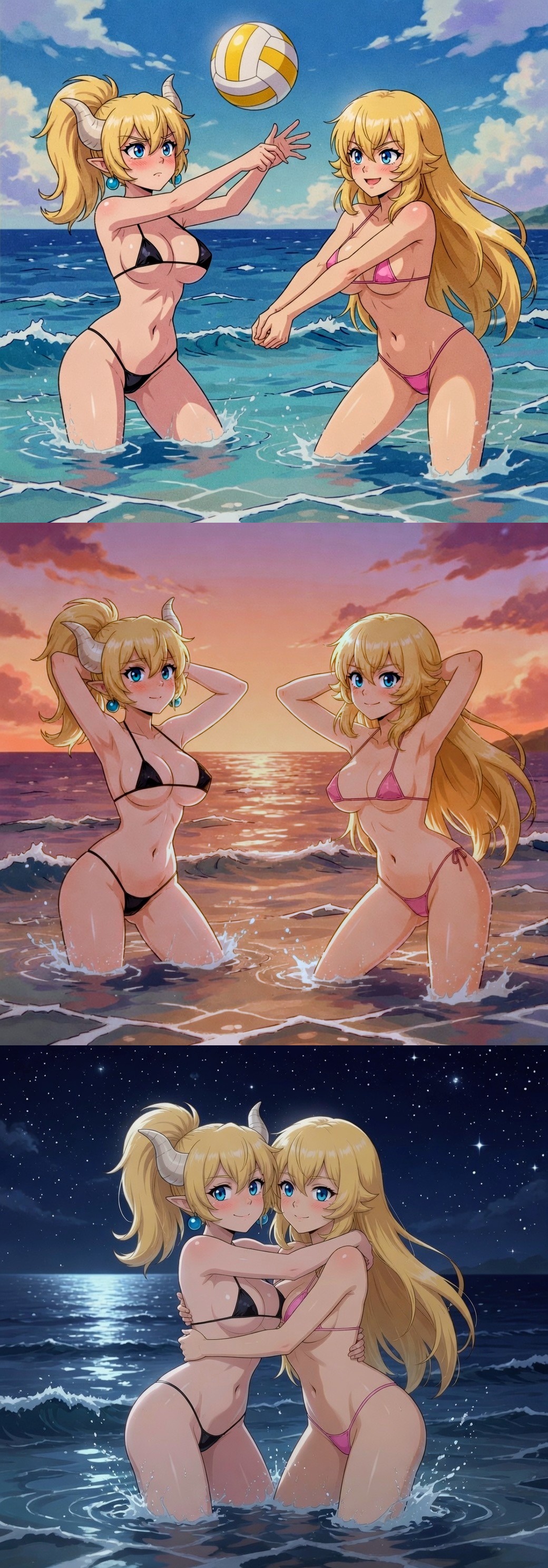 2_girls ai_generated ass beach big_ass big_breasts bikini black_bikini blonde_hair blue_eyes bowsette breasts daylight female_only girl_on_girl hands_behind_head horns hugging looking_at_viewer mario_(series) night nintendo ocean pink_bikini princess_peach slutty_outfit sports sunset super_mario_bros. volleyball water