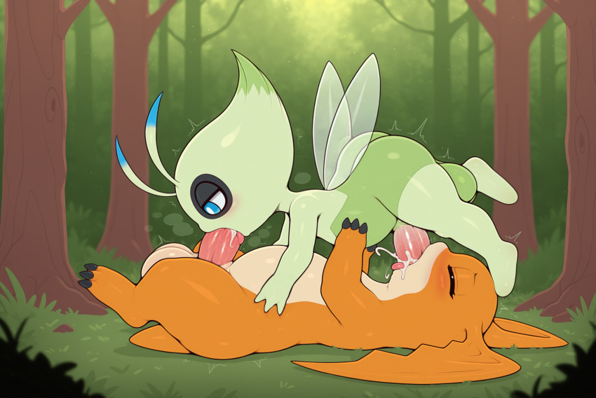 3_fingers 3_toes 69_position absurd_res ai_generated animal_genitalia antennae_(anatomy) anthro anthro_on_anthro anthro_penetrated anthro_penetrating anthro_penetrating_anthro balls bandai_namco belly big_balls big_ears big_penis black_claws blue_eyes blush bodily_fluids celebi claws closed_eyes crossover cum cum_in_mouth cum_inside cum_on_body cum_on_face cum_on_penis digimon digimon_(species) digimon_adventure duo eyelashes feet fellatio finger_claws fingers flying forest generation_2_pokemon genital_fluids genitals green_body half-closed_eyes head_wings high_res holding_partner huge_balls huge_penis legendary_pokemon looking_at_partner's_penis lying male male/male male_penetrated male_penetrating male_penetrating_male motion_lines musk narrowed_eyes nintendo on_back on_top oral orange_body patamon paws penetration penile penis penis_in_mouth plant pokemon pokemon_(species) pupils sex sheath short_tail tail tan_belly toe_claws toes tongue tongue_out tongue_out_fellatio tree white_pupils wings yiff_ai_(director)