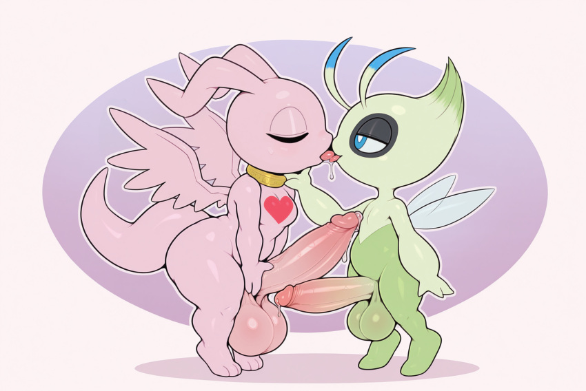 3_fingers 3_toes absurd_res ai_generated antennae_(anatomy) anthro balls bandai_namco big_balls big_penis big_tail blue_eyes bodily_fluids celebi closed_eyes crossover digimon digimon_(species) digimon_tamers duo feet fingers french_kissing frottage generation_2_pokemon genital_fluids genitals gold_ring green_body half-closed_eyes hand_on_penis heart_(marking) high_res huge_balls huge_penis hyper hyper_genitalia hyper_penis kissing legendary_pokemon long_ears long_tail male male/male marineangemon narrowed_eyes nintendo penis pink_body pokemon pokemon_(species) precum precum_on_penis pupils saliva saliva_string sex simple_background standing tail toes tongue tongue_out touching_penis white_pupils wings yiff_ai_(director)