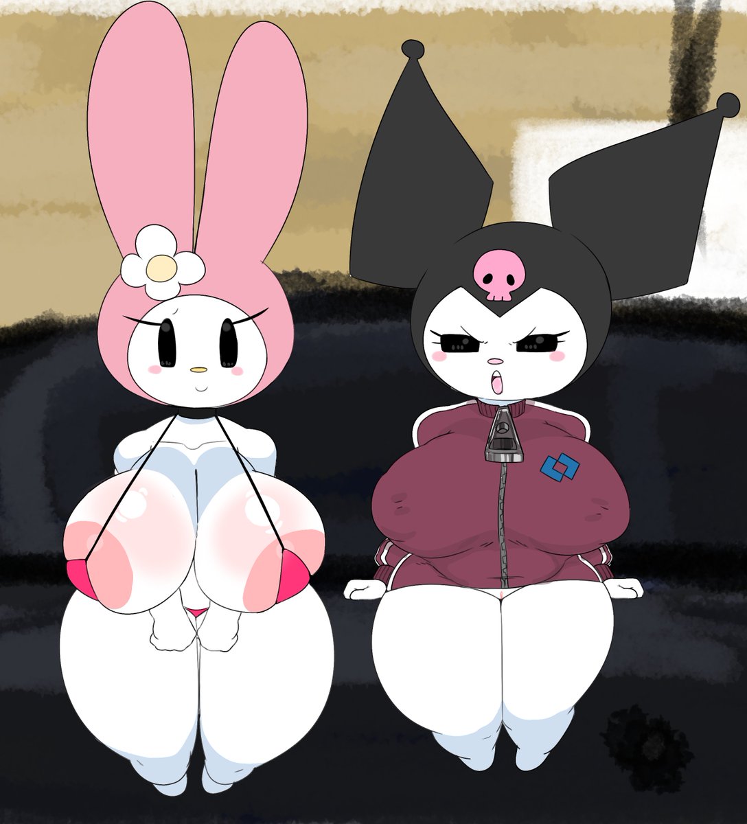 2d_(artwork) 2d_artwork 2girls angry angry_expression anthro areola_slip bare_shoulders barefoot big_breasts bikini black_eyes blush blush_stickers bottomless breasts choker cleavage clothing couch digital_media_(artwork) flower furry furry_female hair_ornament hat headwear hibiscus hood huge_breasts jacket jester jester_hat kuromi lagomorph looking_at_viewer micro_bikini my_melody on_couch onegai_my_melody open_mouth pussy savagensfw shortstack sitting skull skull_and_crossbones skull_hair_ornament smile string_bikini swimsuit teeth thick_thighs track_jacket upper_teeth_only white_fur wide_hips zipper_pull_tab