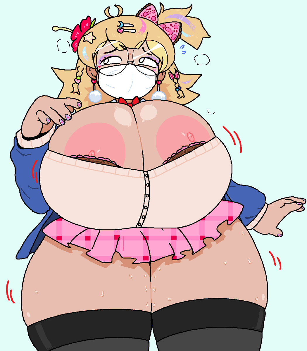 1girls 2d_(artwork) 2d_artwork 5_fingers ahoge areola areola_slip big_breasts blonde_hair blush bow bowtie bra bra_peek braid breasts bursting_breasts cardigan cassettedream cleavage clothing dark-skinned_female dark_areola digital_media_(artwork) dream-cassette earrings eyeliner eyeshadow eyewear female female_only flower flying_sweatdrops ganguro gigantic_breasts glasses gyaru gyaru_gal hair_bow hair_flower hair_ornament hairclip heart_earrings heart_print hibiscus hoshime hourglass_figure huge_breasts jacket jewelry kogal legwear long_hair long_sleeves makeup mask microskirt miniskirt mouth_mask multicolored_hair nail_polish nipple_slip nipples one_side_up open_clothes original original_character panties pink_hair pink_nails plaid plaid_skirt pleated_skirt shirt simple_background skirt solo_female star_(symbol) star_earrings star_hair_ornament stockings streaked_hair surgical_mask sweat thick_thighs thighs undersized_clothes underwear virtual_youtuber wide_hips zettai_ryouiki
