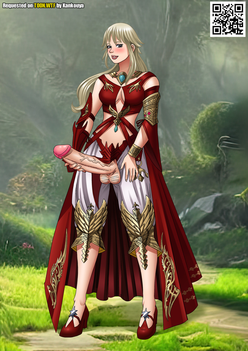 1girl bbmbbf black_eyes blonde_hair erection futanari palcomix partially_clothed partially_nude penis tagme testicles