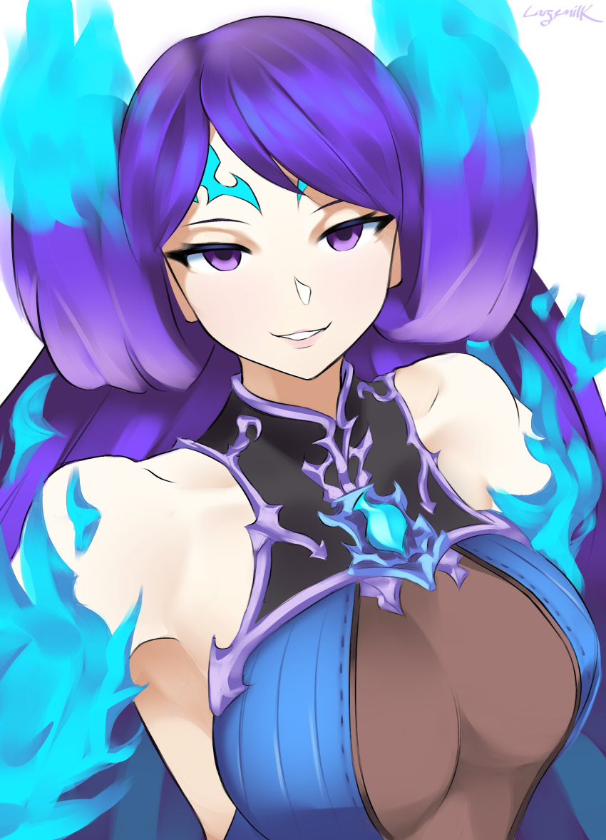 1girl alluring bare_shoulders big_breasts brighid brighid_(xenoblade) cute double_bun eye_contact female_focus female_only fire fire_hair front_view grin largemilk light-skinned_female light_skin looking_at_viewer nintendo purple_eyes purple_hair smile smiling_at_viewer solo_female xenoblade_(series) xenoblade_chronicles_2