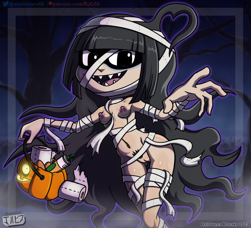 1girl 1girl 1girls 2023 black_eyes black_hair breasts fanart foiletta halloween jackintaro level-5 looking_at_viewer mummy_costume nipples noroino_hanako pussy pussy_hair sharp_teeth toilet_paper yo-kai(species) yo-kai_watch yo-kai_watch_2 youkai_watch