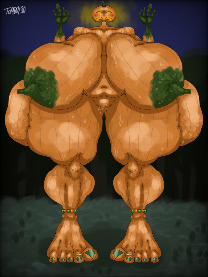 1girl background big_feet breasts_bigger_than_head chubby dark_background dumptruck_ass feet halloween huge_ass huge_breasts milf nail_polish pumpkin pussy sweating tall_female tomboy30_(artist) wide_hips