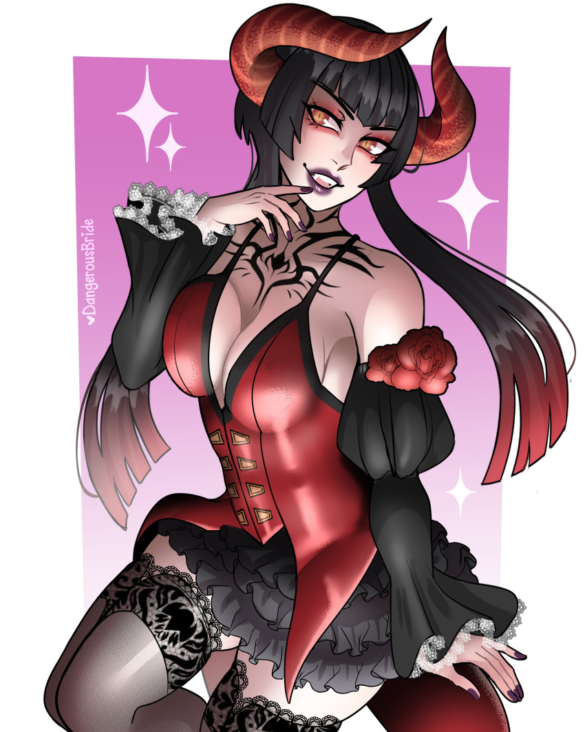 1girl 1girl 1girls bandai_namco bangs black_hair dangerousbride dress eliza_(tekken) fangs female_only fighting_game grin horned_female horned_humanoid horns long_hair looking_at_viewer namco namco_bandai orange_eyes purple_lipstick red_highlights slit_pupils smiling_at_viewer stockings tattoo tekken tekken_7 tekken_revolution twitter vampire very_high_resolution video_game video_game_character video_game_franchise video_games